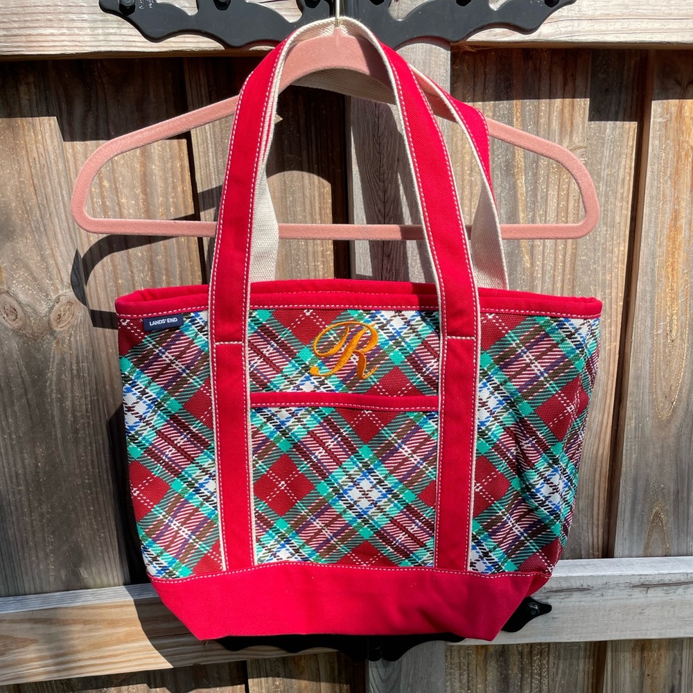 Land’s End Red Plaid Tote with “R” Monogramed